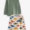 Jojo Maman Bebe JoJo Maman Bébé Khaki 2-Pack Stegosaurus Print & Plain Tops