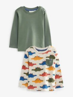 Jojo Maman Bebe JoJo Maman Bébé Khaki 2-Pack Stegosaurus Print & Plain Tops