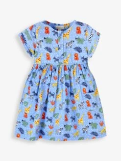 Jojo Maman Bebe JoJo Maman Bébé Blue Safari Print With Pet In Pocket Button Front Dress