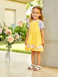 Jojo Maman Bebe JoJo Maman Bébé Yellow 2-Piece Duck Appliqué Dungaree Dress & Top Set -Jojo Maman Bebe 186595s6