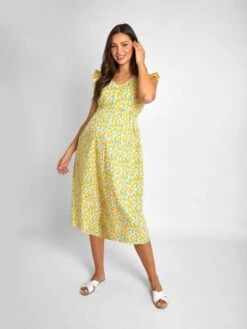 Jojo Maman Bebe JoJo Maman Bébé Yellow Lemon Print Maternity Midi Dress