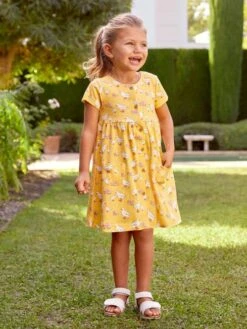 Jojo Maman Bebe JoJo Maman Bébé Yellow Duck Print With Pet In Pocket Button Through Dress