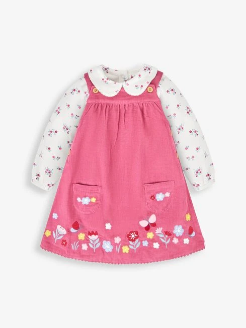 Jojo Maman Bebe JoJo Maman Bébé Pink Floral Embroidered Cord Pinafore Dress & Top Set 3 Jojo Maman Bebe JoJo Maman Bébé Pink Floral Embroidered Cord Pinafore Dress & Top Set