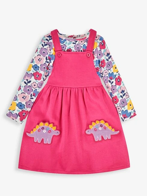 Jojo Maman Bebe JoJo Maman Bébé Raspberry Dino Applique Pocket Pinafore Dress & Top Set 3 Jojo Maman Bebe JoJo Maman Bébé Raspberry Dino Applique Pocket Pinafore Dress & Top Set