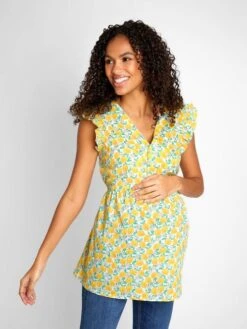 Jojo Maman Bebe JoJo Maman Bébé Yellow Lemon Print Frill Sleeve Maternity Blouse