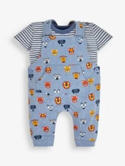 Jojo Maman Bebe JoJo Maman Bébé Blue 2-Piece Safari Heads Print Dungarees & Top Set