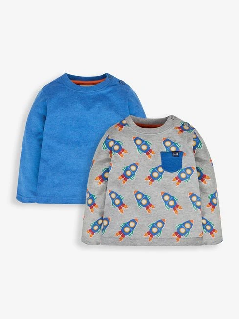 Jojo Maman Bebe JoJo Maman Bébé Marl Grey 2-Pack Rocket Print & Plain Tops 3 Jojo Maman Bebe JoJo Maman Bébé Marl Grey 2-Pack Rocket Print & Plain Tops