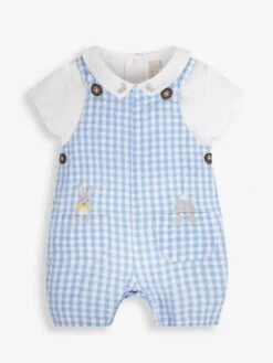 Jojo Maman Bebe JoJo Maman Bébé Blue 2-Piece Gingham Bunny Pocket Baby Short Dungarees Set -Jojo Maman Bebe 589646s3