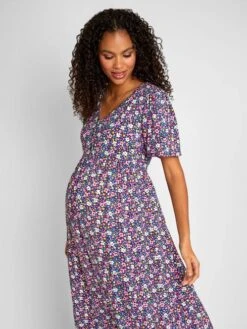 Jojo Maman Bebe JoJo Maman Bébé Navy Floral Print V-Neck Maternity Midi Dress -Jojo Maman Bebe 751325s2