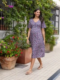 Jojo Maman Bebe JoJo Maman Bébé Navy Floral Print V-Neck Maternity Midi Dress -Jojo Maman Bebe 751325s5