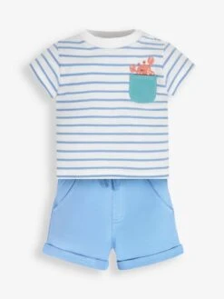 Jojo Maman Bebe Jojo Maman Bébé White 2-Piece & Blue Stripe Crab Pocket T-Shirt & Shorts Set -Jojo Maman Bebe 784027s4