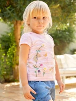 Jojo Maman Bebe JoJo Maman Bébé Pale Pink Stripe Mouse Appliqué T-Shirt