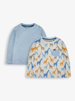 Jojo Maman Bebe JoJo Maman Bébé Blue Giraffe Print And Plain Tops 2-Pack