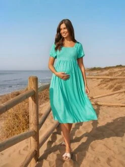 Jojo Maman Bebe JoJo Maman Bébé Green Spot Shirred Maternity Midi Dress
