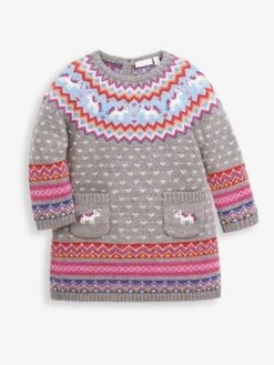 Jojo Maman Bebe JoJo Maman Bébé Marl Grey Unicorn Fair Isle Knitted Dress