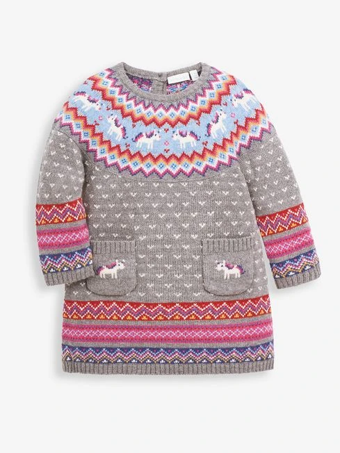 Jojo Maman Bebe JoJo Maman Bébé Marl Grey Unicorn Fair Isle Knitted Dress 3 Jojo Maman Bebe JoJo Maman Bébé Marl Grey Unicorn Fair Isle Knitted Dress
