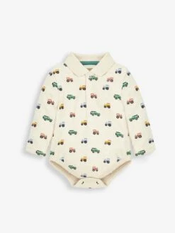 Jojo Maman Bebe JoJo Maman Bébé Natural Oatmeal Tractor Print Polo Shirt Body -Jojo Maman Bebe C28165s3