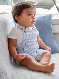 Jojo Maman Bebe JoJo Maman Bébé Blue Seersucker Stripe Short Baby Dungarees