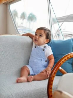 Jojo Maman Bebe JoJo Maman Bébé Blue Seersucker Stripe Short Baby Dungarees -Jojo Maman Bebe D18283s3