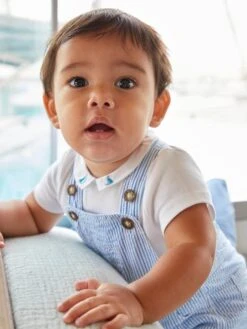 Jojo Maman Bebe JoJo Maman Bébé Blue Seersucker Stripe Short Baby Dungarees -Jojo Maman Bebe D18283s4